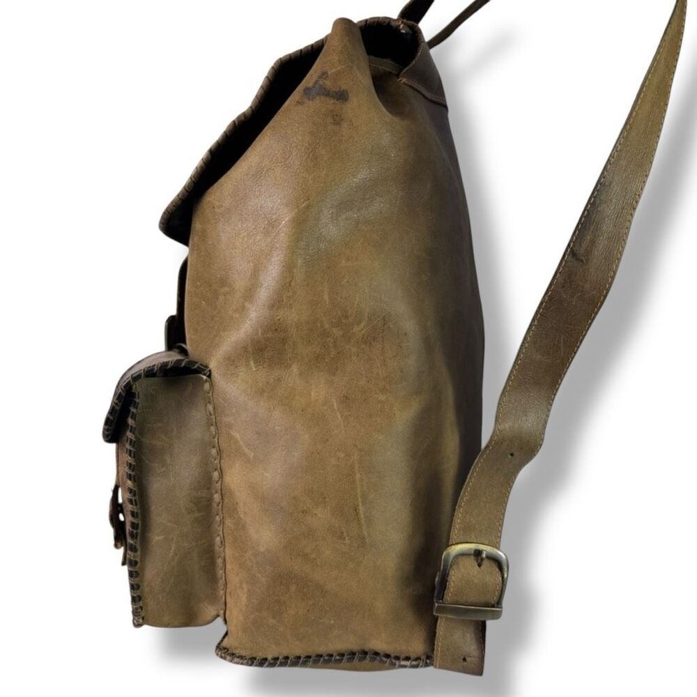 Vintage Distressed Handmade Rugged Rustic Soft Brown Tan Leather Backpack Bag - Picture 9 of 12